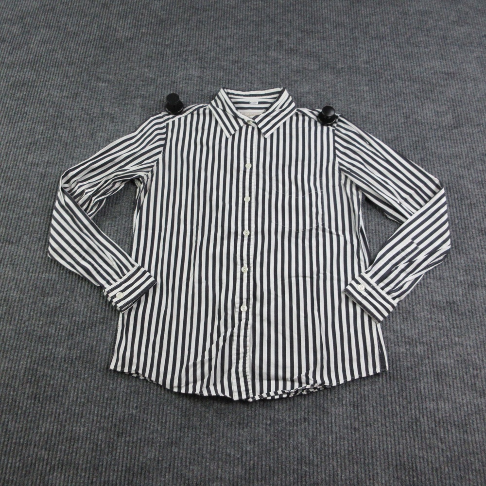 Sarah Alexandra Button-Up Womens 8 Black Striped Collared Long Sleeve Cotton